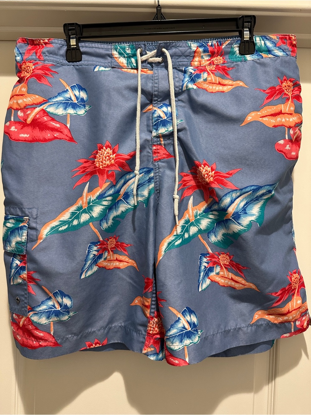 Chaps Blue Swim Trunks with Red & Orange Tropical Print